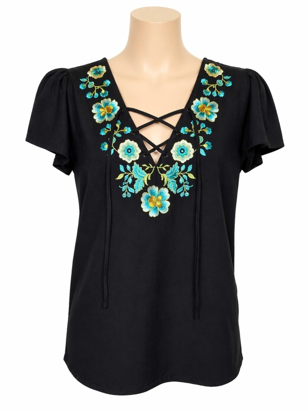 VENUS Black Floral Embroidered Lace V-Neck Sz S Women's Top Linen Blend